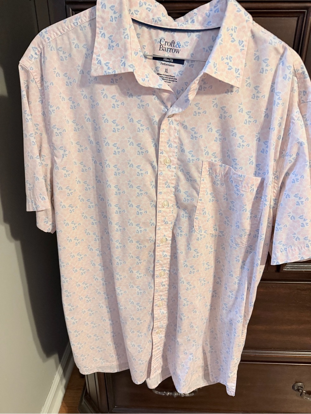 croft & barrow Light Pink Short-Sleeve Button-Down with Blue Floral Print